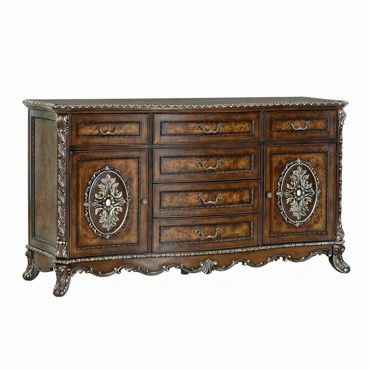 Vany Wide Dresser, Traditional Floral Trim, 6 Drawers, Cherry Brown - Benzara