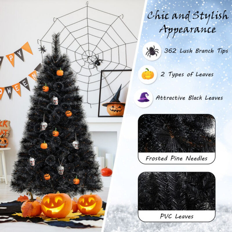 6ft Black Halloween Christmas Tree with PVC Branch Tips and 210 White LED Lights