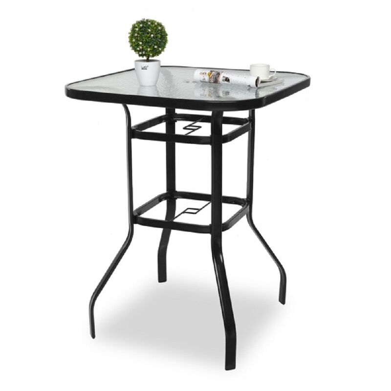Square Patio Bar Table with Tempered Glass Top and Umbrella Hole for Outdoor Use
