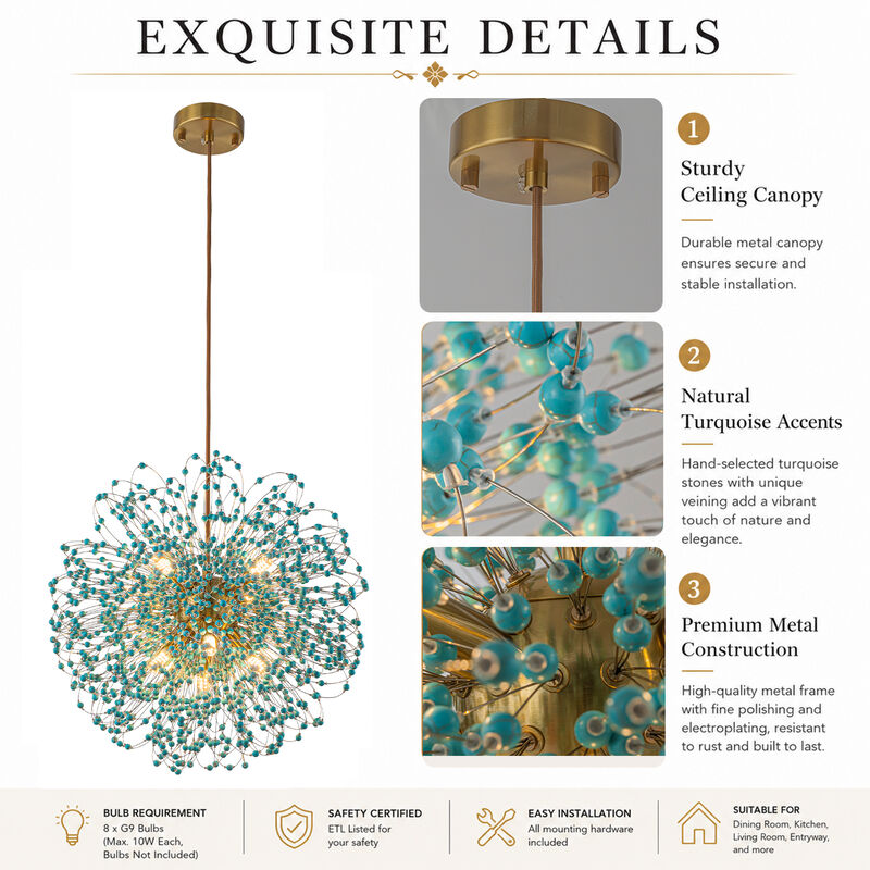 20'' Antique Gold Modern Eclectic Starburst Chandelier with Turquoise Beads Accents for Dining Room Entryway image number 4