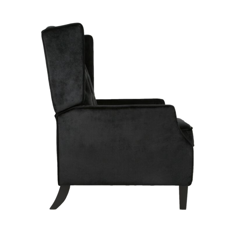Octa Manual Recliner Chair, Button Tufted Wingback Design Black Velvet - Benzara