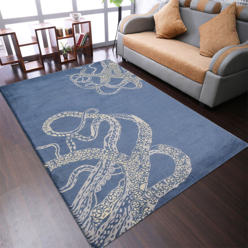 RUGSOTIC CARPETS HAND TUFTED WOOL ECO-FRIENDLY AREA RUGS - Blue & Beige, Contemporary Modern Design, High Pile Handmade Area Rugs for Living Room, Bed Room (K00512) image number 1