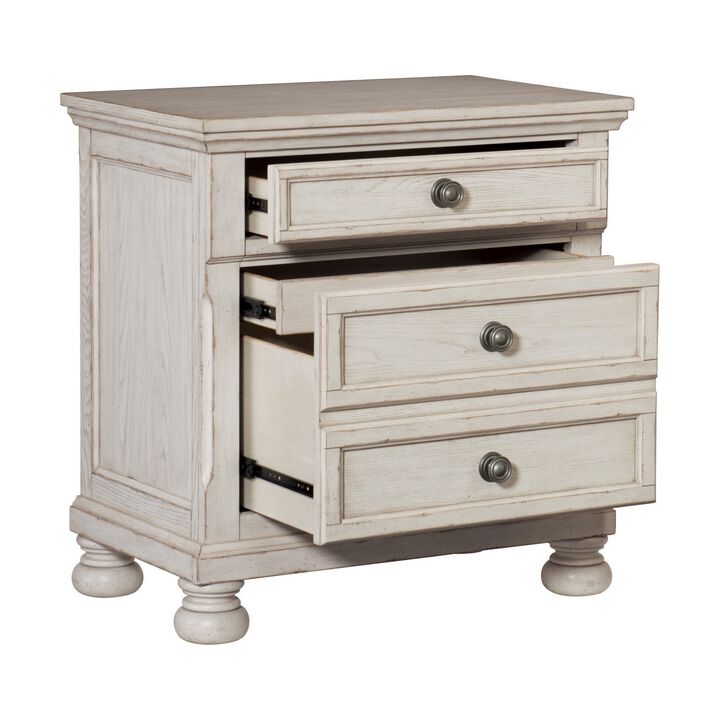 Cottage 2 Drawer Nightstand with Molded Details and Bun feet, Antique White-Benzara