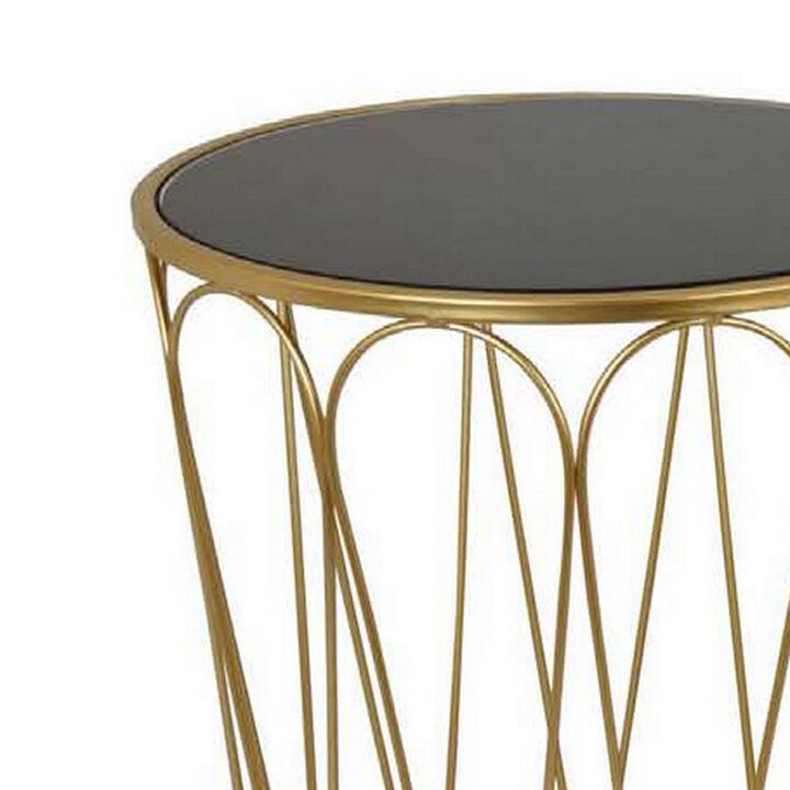 Kiko Accent Table Set of 2, Round Top, Unique Angled Shape, Gold Metal - Benzara
