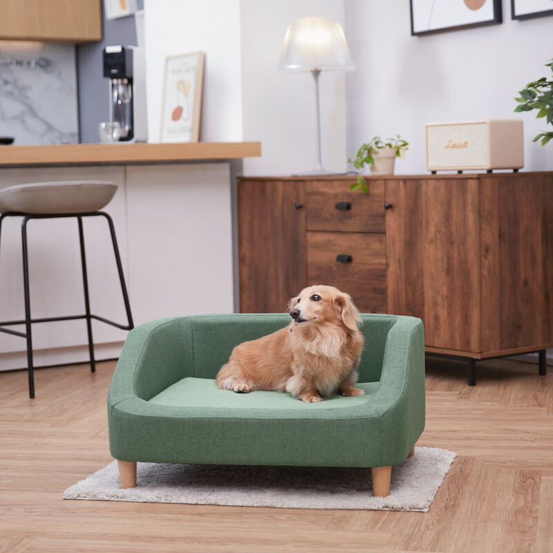 Teamson Pets Bennett Linen 29'' L x 21'' W Pet Sofa with Wood Style Foot & Washable Cover, Sea Green
