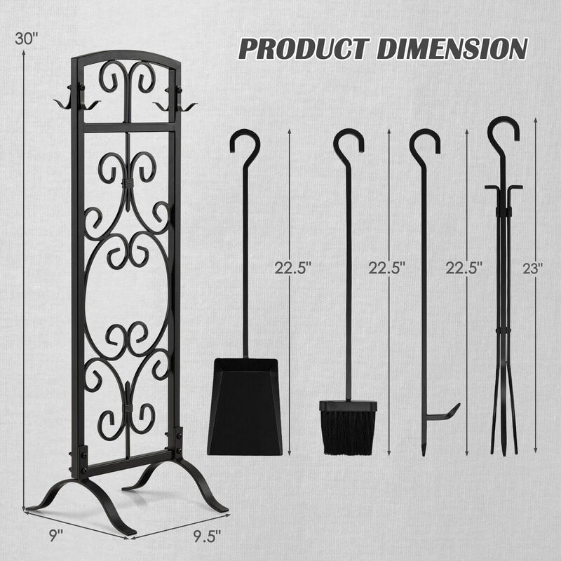 5 Piece Wrought Iron Fireplace Tools with Decor Holder-Black