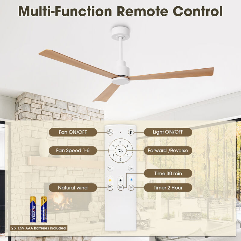 52" Modern 3-Blade Ceiling Fan with Reversible DC Motor, 6-Speed, Remote Control, No Light