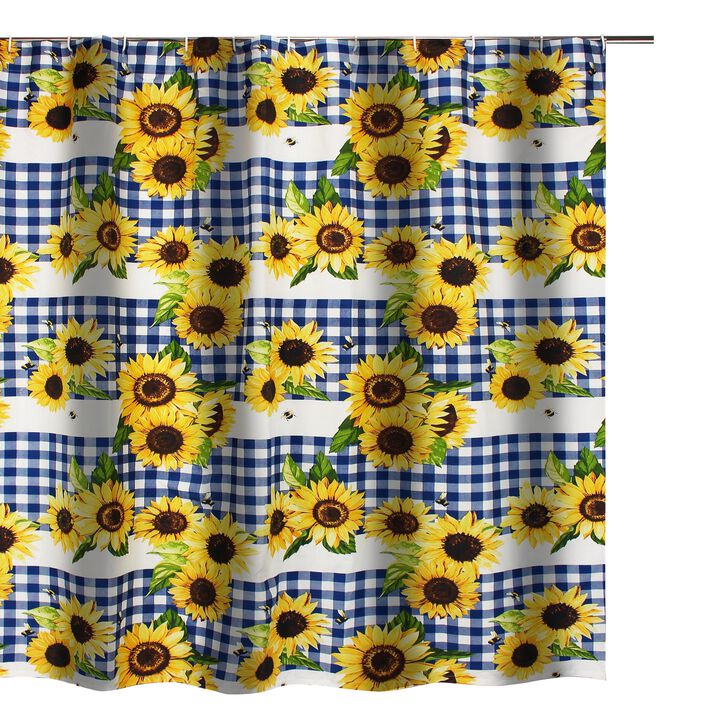 Oslo 72 Inch Shower Curtain, Yellow Sunflower Plaid Print, Button Holes-Benzara