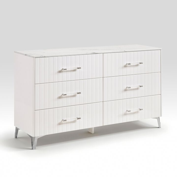 Cyna Wide Dresser, Faux Marble Top, 6 Drawers, Textured Front, White
