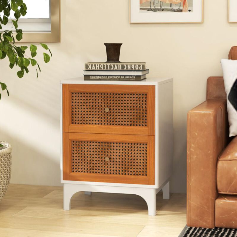 Hivvago Boho Accent Table Nightstand with 2 Handwoven Rattan Decorated Drawers