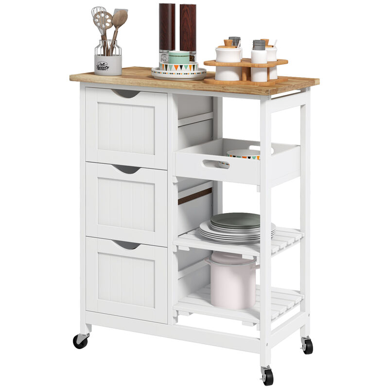 Compact Wooden Rolling Serving Kitchen Dining Cart w/ Shelves & Drawers, White