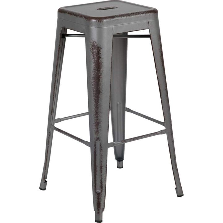 Flash Furniture Kai Commercial Grade 30" High Backless Distressed Silver Gray Metal Indoor-Outdoor Barstool
