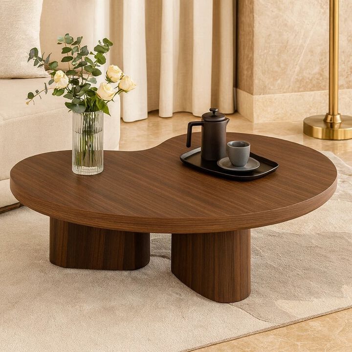 Yex Coffee Table, 35 Inch Curved Top with Pedestal Legs, Smoked Oak Brown