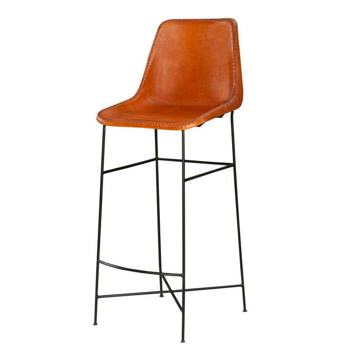 Bar Height Chair with Genuine Leather Upholstery, Tubular Frame, Tan Brown, Black