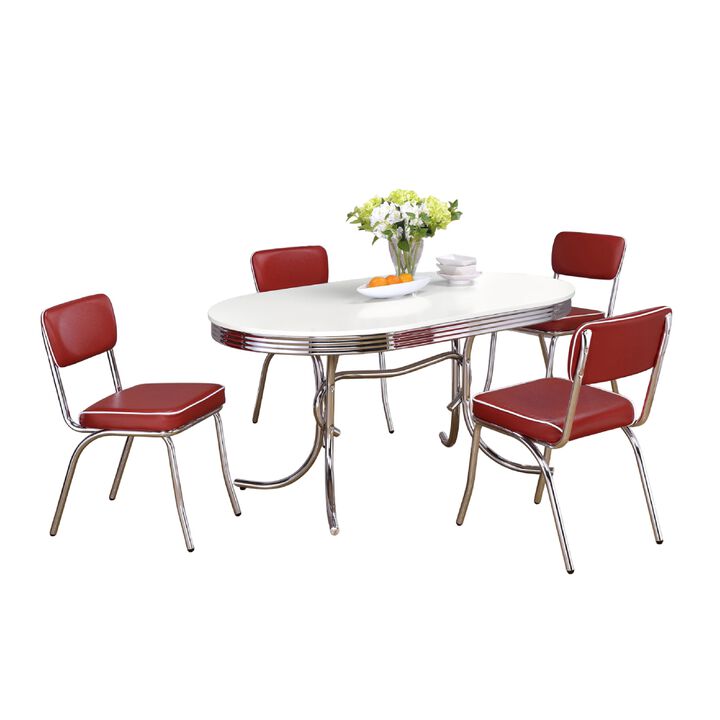 Loy 5pc Dining Table and Chair Set, Red Faux Leather, Retro White Oval
