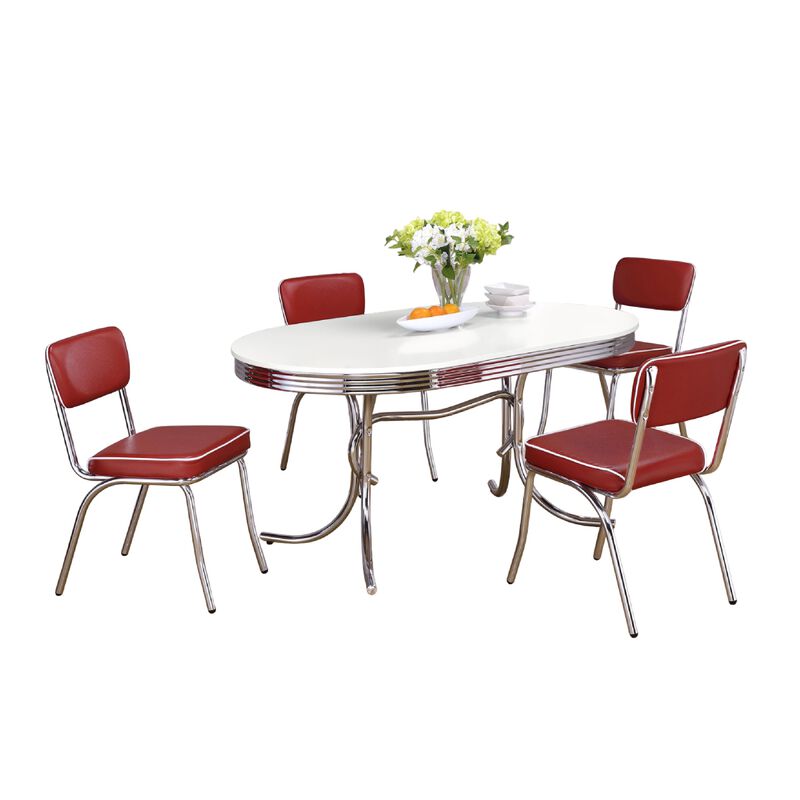 Loy 5pc Dining Table and Chair Set, Red Faux Leather, Retro White Oval