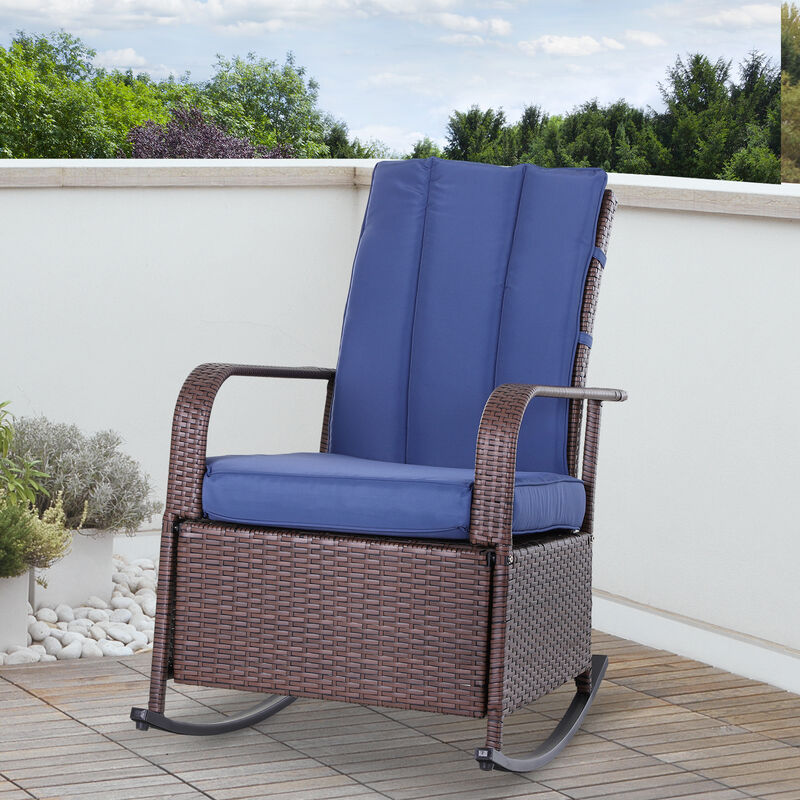 Outsunny Outdoor Rattan Rocking Chair Patio Recliner with Soft Cushions, Adjustable Footrest, Max. 135 Degree Backrest, PE Wicker, Blue