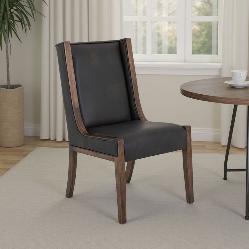 Ally Dining Side Chair Set of 2, Walnut Brown Wood, Black Faux Leather - Benzara