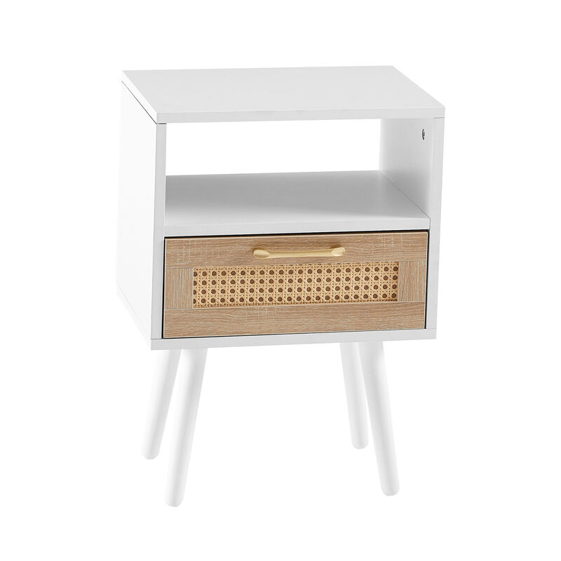 Rattan End table with drawer and solid wood legs, Modern nightstand, side table for living roon, bedroom, white