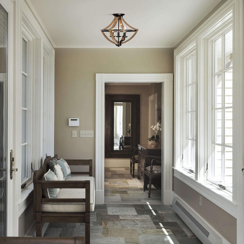 Camille Wood Grain and Antique Black Metal Semi Flush Mount image number 2