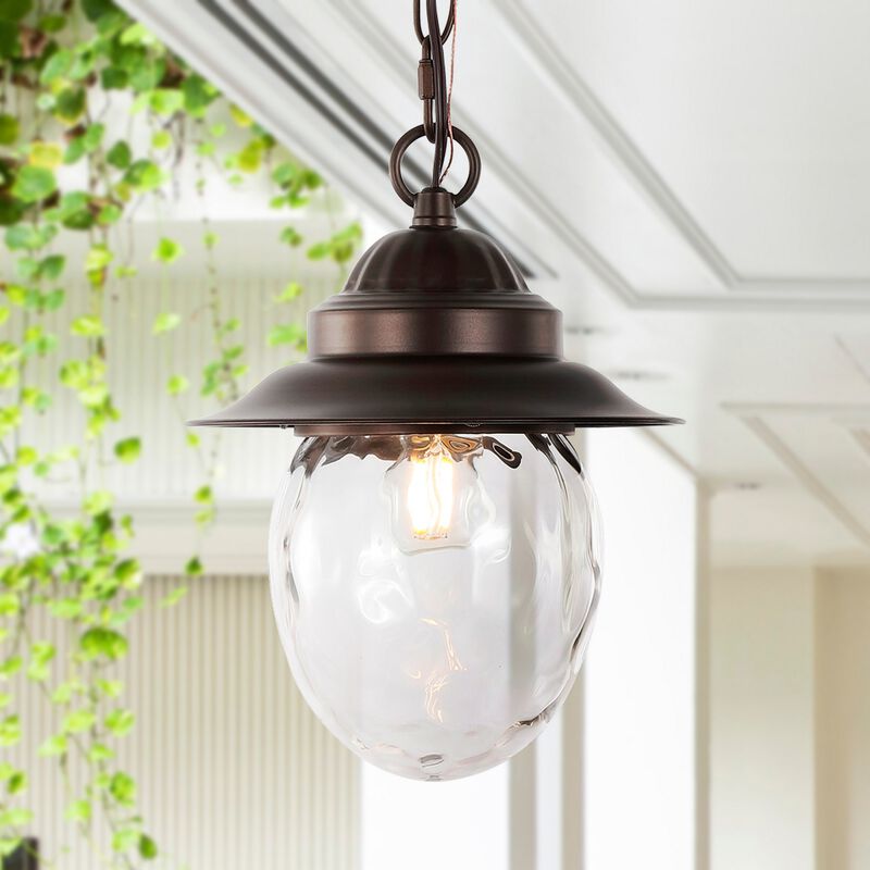 Manteo 8.25" 1-Light Farmhouse Industrial Iron/Glass Outdoor LED Pendant, Oil Rubbed Bronze/Clear