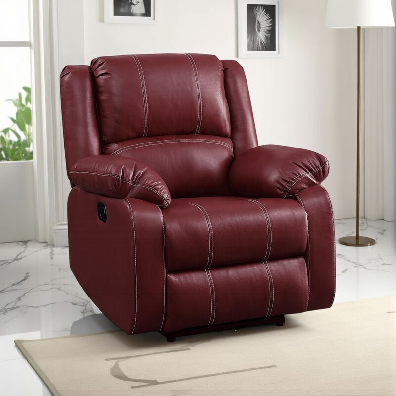 Zuru Motion Manual Rocker Recliner Chair, Plush Dark Red Faux Leather - Benzara image number 5
