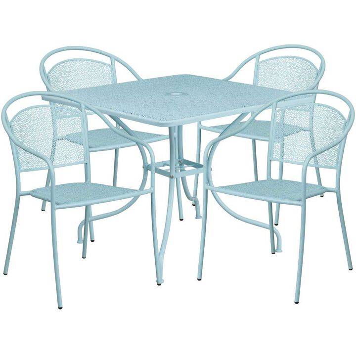 Flash Furniture Oia Commercial Grade 35.5" Square Sky Blue Indoor-Outdoor Steel Patio Table Set with 4 Round Back Chairs