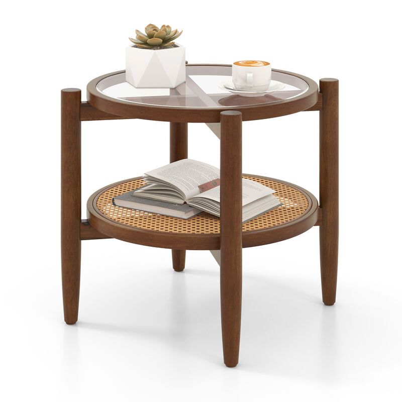 Rattan Round Side End Table with Tempered Glass Tabletop