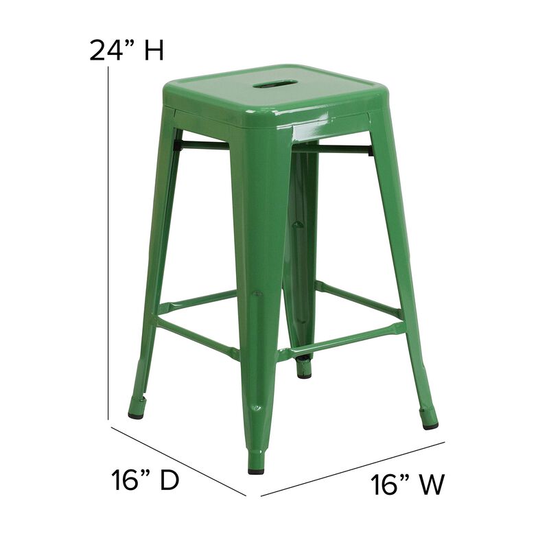 Flash Furniture Kai Commercial Grade 24" High Backless Green Metal Indoor-Outdoor Counter Height Stool with Square Seat image number 3