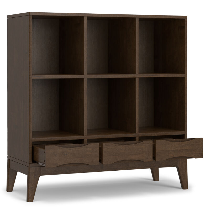 Harper SOLID HARDWOOD 43 inch x 42 inch Mid Century Modern Low 6 Cube Storage with Drawers in Walnut Brown