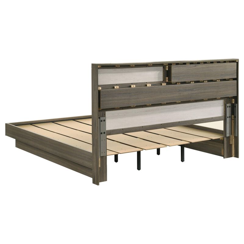 Fene King Size Bed, Bookcase Headboard, Wood Gray, Hidden Storage