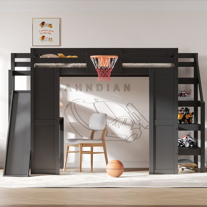 Merax Full Size White Wooden Loft Bed with Staircase Desk, Slide & Basketball