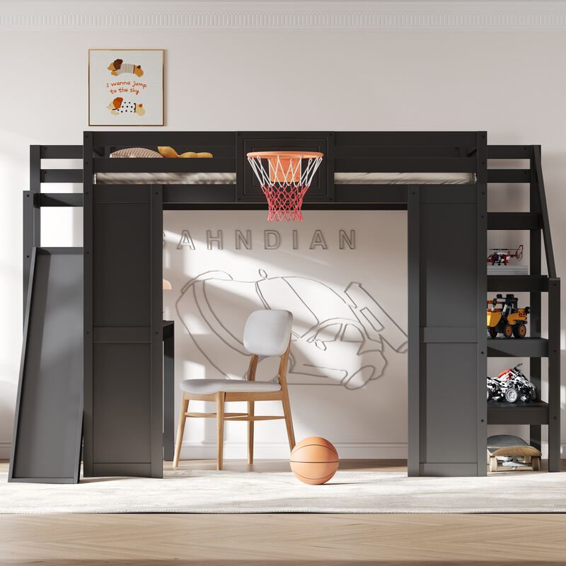 Merax Full Size White Wooden Loft Bed with Staircase Desk, Slide & Basketball image number 1