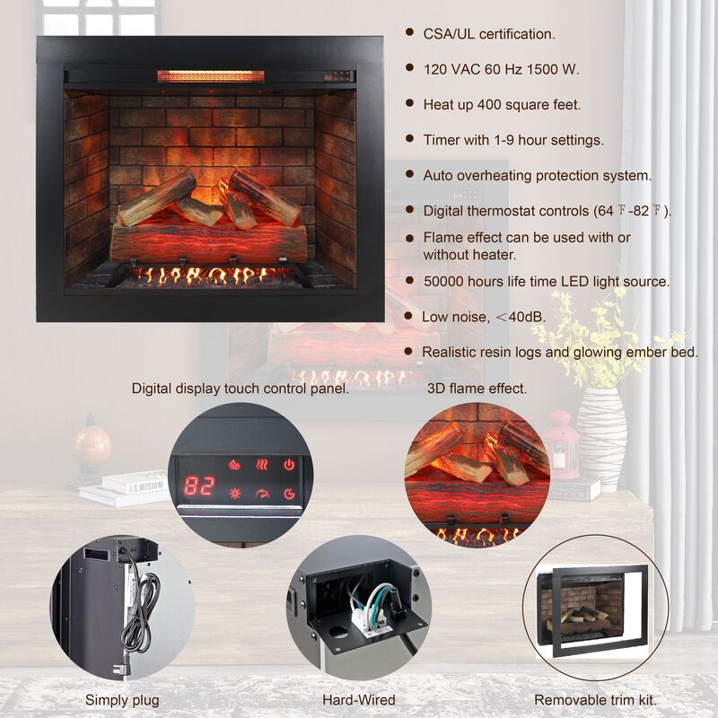 Mondawe 33 Inch Infrared Electric Fireplace with Removable Trim kit Insert, Touch Panel Home Decor Heater, Smokeless Firebox With Fire Cracking Sound