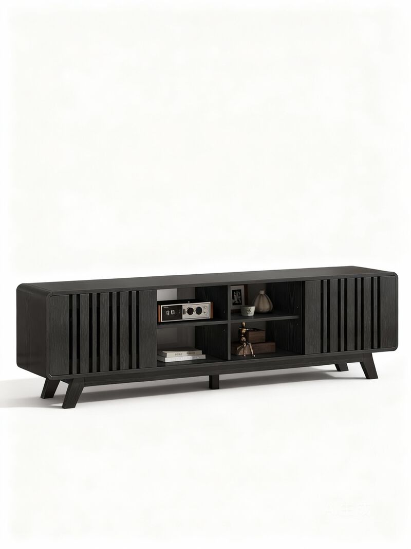 Mid-Century TV Stand 70" for 80" TVs, Power Outlet, Sliding Grille Door, Storage image number 0