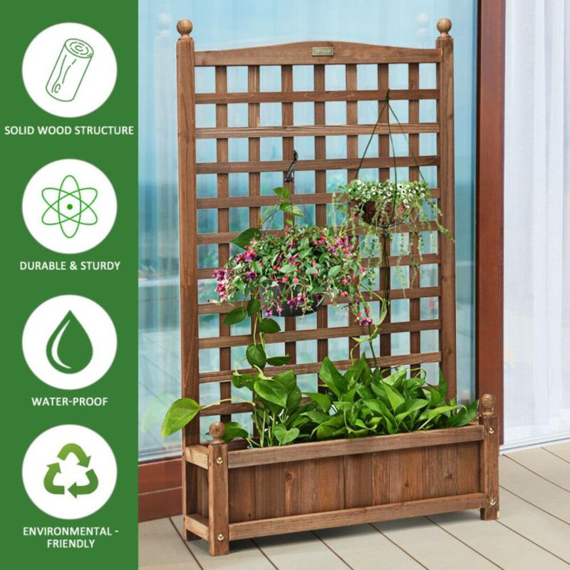 Hivvago Solid Free Standing Wood Planter Box with Trellis for Garden