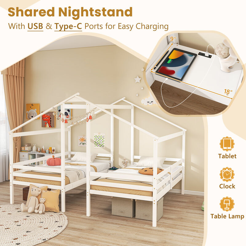 Double Twin Size Wooden Bed Frames with Built-in Table for Kids