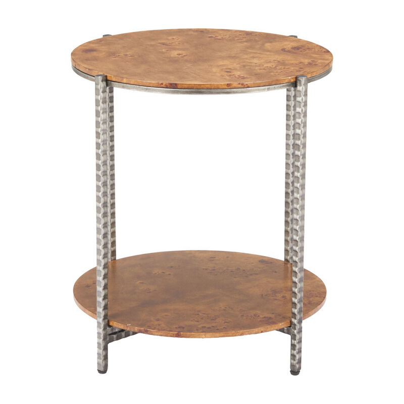 HomeRoots 22" Natural and Silver Wood and Steel Round End Table With Shelf image number 3