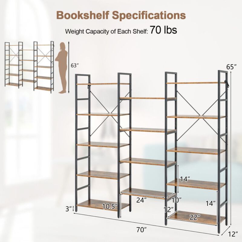 Hivago Large Triple Wide Floor Standing Bookcase Display Shelf with Metal Frame-Rustic Brown