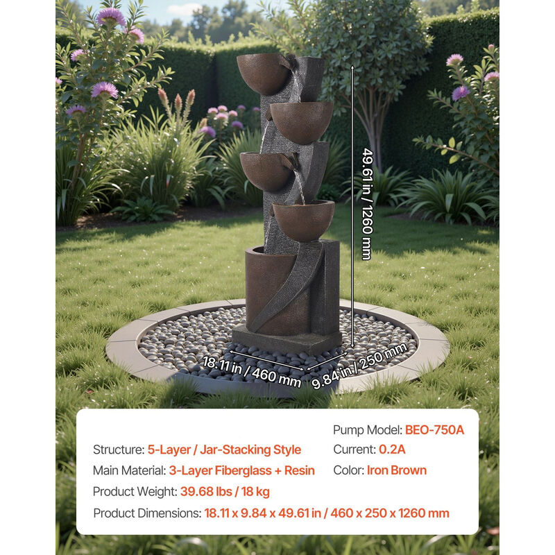 5-Tier Outdoor Water Fountain with LED Lights, Jar Cascading Garden Fountain image number 2