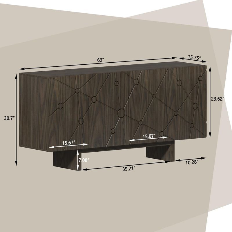 Clihome 63"Sideboard Buffet Cabinet with Adjustable Shelf,Brown Bead