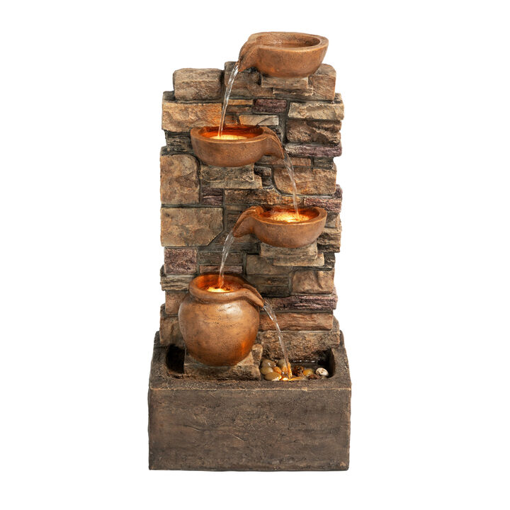 Outdoor 4-Tier Cascading Water Fountain with LED Lights, Brown
