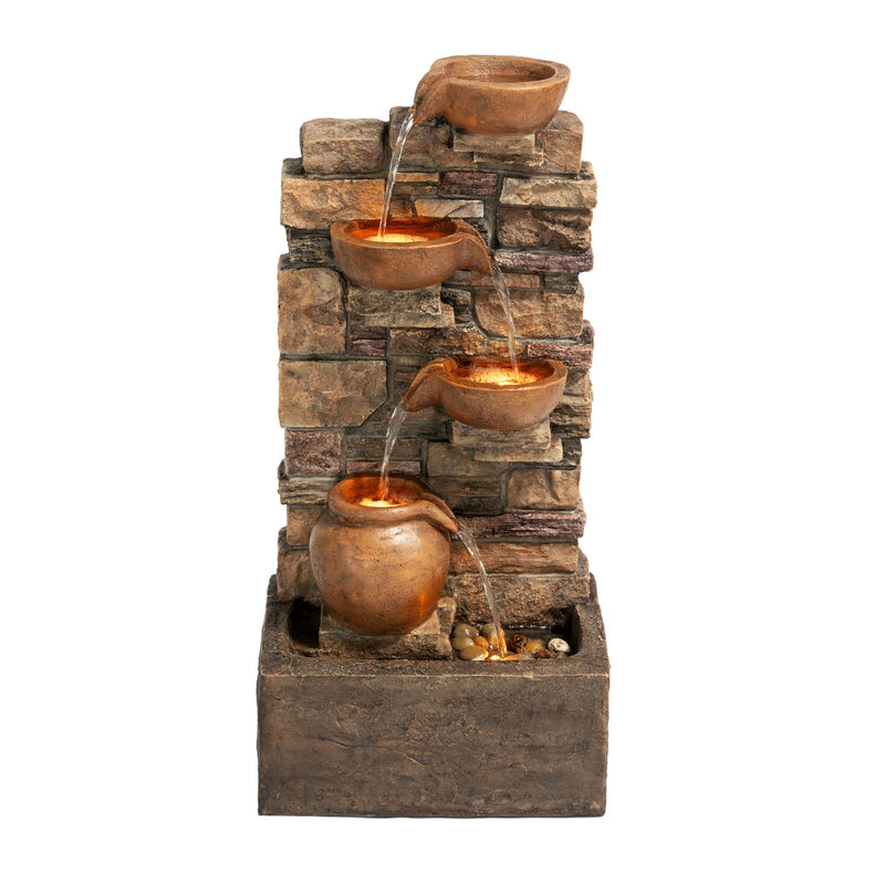 Outdoor 4-Tier Cascading Water Fountain with LED Lights, Brown image number 0