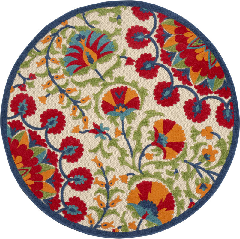 HomeRoots 4' Navy Blue Beige Green Blue And Red Round Floral Indoor Outdoor Area Rug image number 0