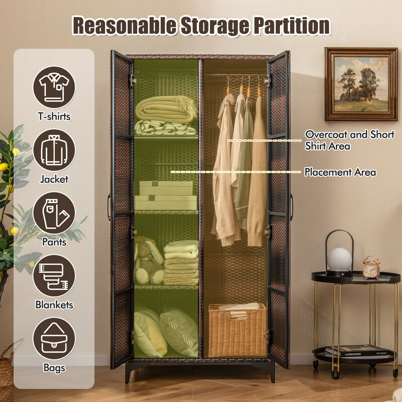 62 Inch Wicker Wardrobe with 2 Doors PE Rattan Closet with Hanging Rod