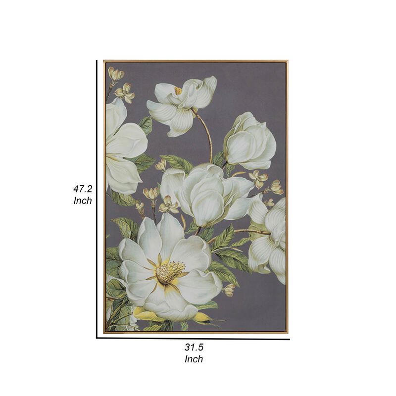 Nia 32 x 47 Flower Wall Art Decor, Microfiber, Pine Wood, White, Green - Benzara