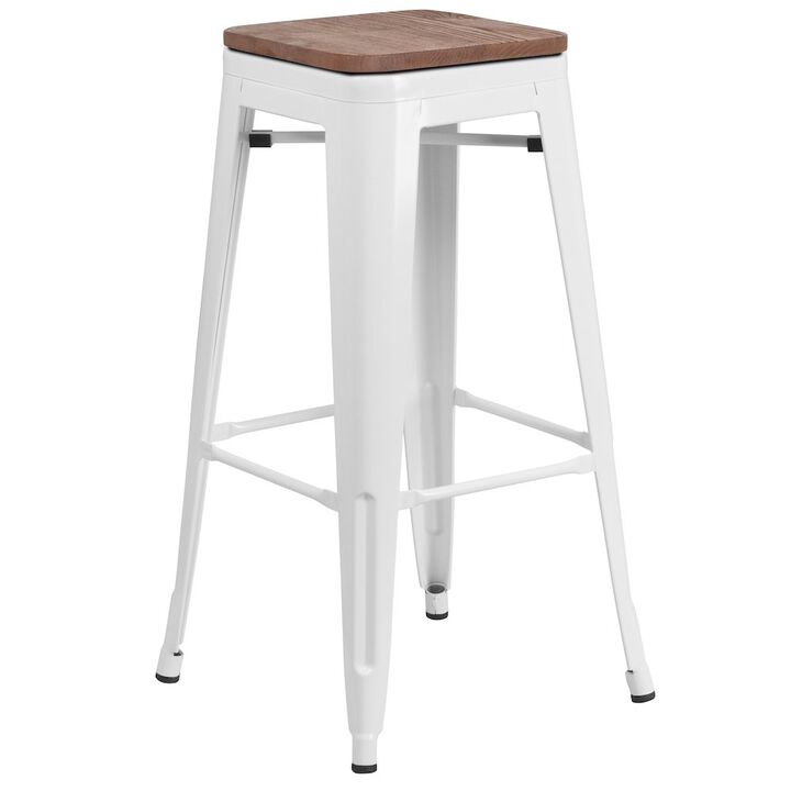 Flash Furniture 30" High Backless White Metal Barstool with Square Wood Seat
