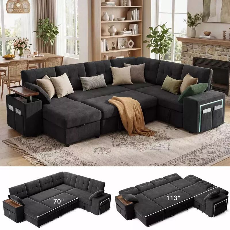 Vipbear 112" U-Shaped 7-Seat Modular Chenille Sectional Sleeper Sofa, Pull Out Bed Reclining Couch image number 4