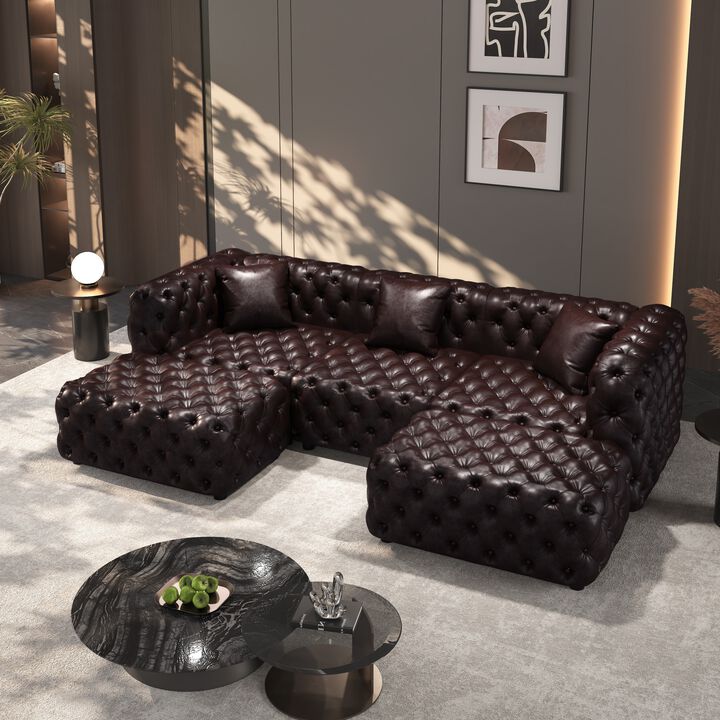 Whisen 105.7" Modern Sectionals, 3-Seat Sofa with 2 Ottomans, Faux Leather Upholstered, for Living Room