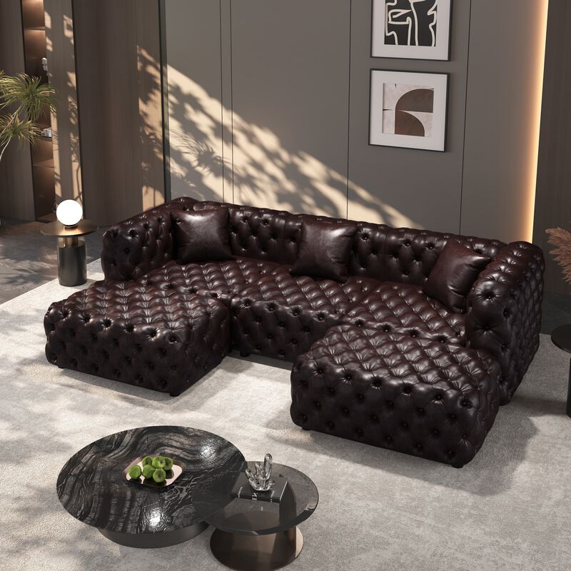 Whisen 105.7" Modern Sectionals, 3-Seat Sofa with 2 Ottomans, Faux Leather Upholstered, for Living Room image number 1